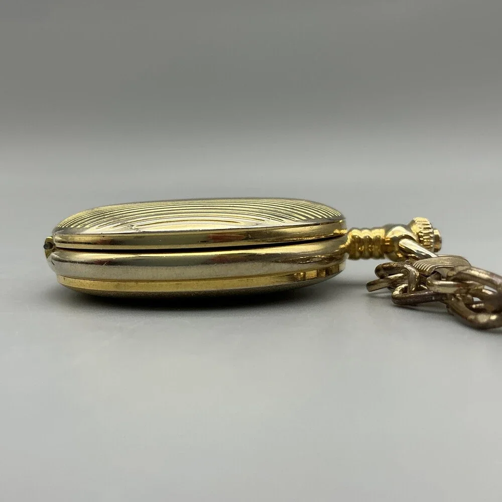 Milan Pocket Watch Men 46.9mm Gold Tone Full Hunter Chain White Date New Battery